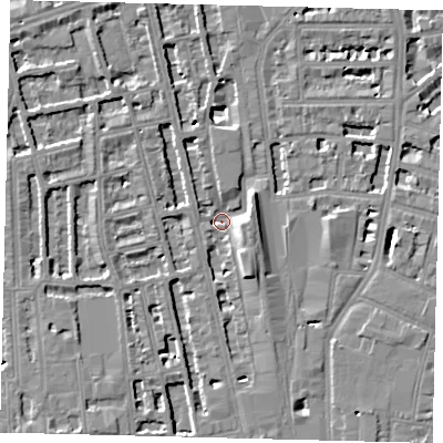 Shaded relief map of the ground around W67PS, computed from Environment Agency LiDAR. The ground here sits at about 2 m above sea level and falls 8 m across the surrounding 800 m. Surface water reaching this point runs off ground lying to the south-south-east, 7.4 m higher.