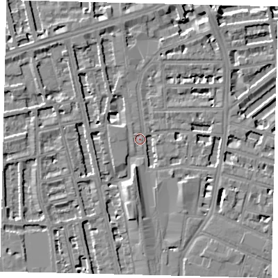 Shaded relief map of the ground around W67PU, computed from Environment Agency LiDAR. The ground here sits at about 4 m above sea level and falls 8 m across the surrounding 800 m. Surface water reaching this point runs off ground lying to the north-west, 5.4 m higher.