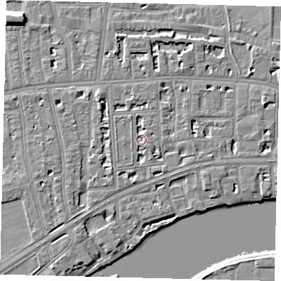 Shaded relief map of the ground around W69AB, computed from Environment Agency LiDAR. The ground here sits at about 5 m above sea level and falls 10 m across the surrounding 800 m. Surface water reaching this point runs off ground lying to the south-south-east, 2.1 m higher.