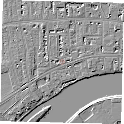 Shaded relief map of the ground around W69AH, computed from Environment Agency LiDAR. The ground here sits at about 5 m above sea level and falls 6 m across the surrounding 800 m. Surface water reaching this point runs off ground lying to the north, 3.3 m higher.