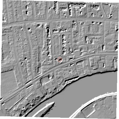 Shaded relief map of the ground around W69AJ, computed from Environment Agency LiDAR. The ground here sits at about 6 m above sea level and falls 6 m across the surrounding 800 m. Surface water reaching this point runs off ground lying to the north-east, 1.9 m higher.