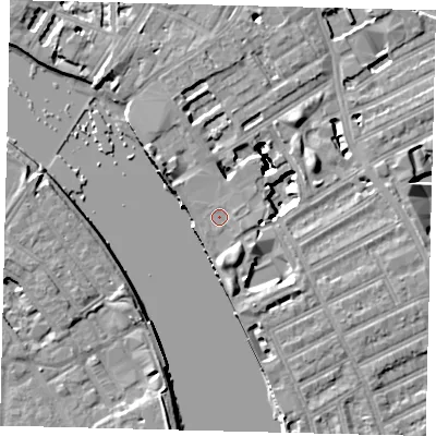 Shaded relief map of the ground around W69AN, computed from Environment Agency LiDAR. The ground here sits at about 5 m above sea level and falls 16 m across the surrounding 800 m. Surface water reaching this point runs off ground lying to the south-south-west, 0.6 m higher.