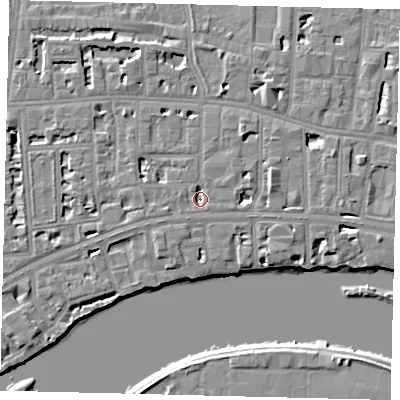 Shaded relief map of the ground around W69AU, computed from Environment Agency LiDAR. The ground here sits at about 4 m above sea level and falls 6 m across the surrounding 800 m. Surface water reaching this point runs off ground lying to the east-north-east, 2.9 m higher.