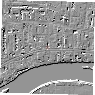 Shaded relief map of the ground around W69AX, computed from Environment Agency LiDAR. The ground here sits at about 5 m above sea level and falls 6 m across the surrounding 800 m. Surface water reaching this point runs off ground lying to the east-north-east, 2.9 m higher.