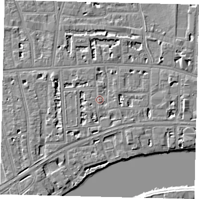 Shaded relief map of the ground around W69BE, computed from Environment Agency LiDAR. The ground here sits at about 6 m above sea level and falls 6 m across the surrounding 800 m. Surface water reaching this point runs off ground lying to the south-west, 1.4 m higher.