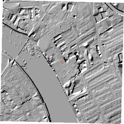 Shaded relief map of the ground around W69BF, computed from Environment Agency LiDAR. The ground here sits at about 5 m above sea level and falls 16 m across the surrounding 800 m. Surface water reaching this point runs off ground lying to the east, 16.0 m higher.
