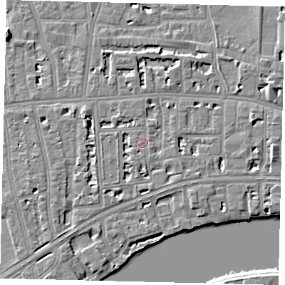 Shaded relief map of the ground around W69BG, computed from Environment Agency LiDAR. The ground here sits at about 6 m above sea level and falls 10 m across the surrounding 800 m. Surface water reaching this point runs off ground lying to the south-west, 0.6 m higher.