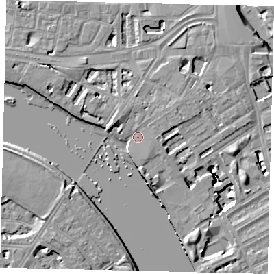 Shaded relief map of the ground around W69BN, computed from Environment Agency LiDAR. The ground here sits at about 5 m above sea level and falls 16 m across the surrounding 800 m. Surface water reaching this point runs off ground lying to the north-west, 2.0 m higher.
