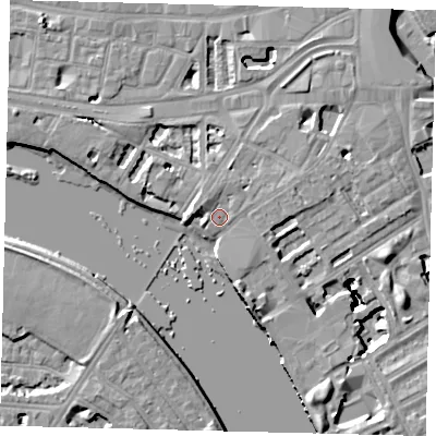 Shaded relief map of the ground around W69BX, computed from Environment Agency LiDAR. The ground here sits at about 5 m above sea level and falls 16 m across the surrounding 800 m. Surface water reaching this point runs off ground lying to the north-west, 1.8 m higher.