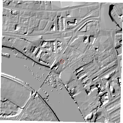 Shaded relief map of the ground around W69BZ, computed from Environment Agency LiDAR. The ground here sits at about 6 m above sea level and falls 16 m across the surrounding 800 m. Surface water reaching this point runs off ground lying to the north-east, 1.1 m higher.