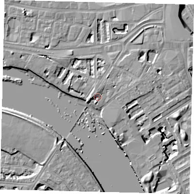 Shaded relief map of the ground around W69DA, computed from Environment Agency LiDAR. The ground here sits at about 6 m above sea level and falls 16 m across the surrounding 800 m. Surface water reaching this point runs off ground lying to the north, 1.6 m higher.