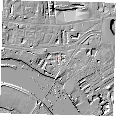 Shaded relief map of the ground around W69DD, computed from Environment Agency LiDAR. The ground here sits at about 4 m above sea level and falls 16 m across the surrounding 800 m. Surface water reaching this point runs off ground lying to the south-south-east, 2.3 m higher.