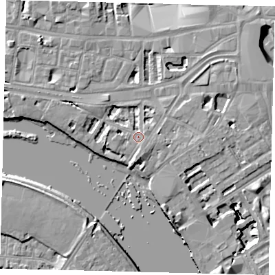 Shaded relief map of the ground around W69DE, computed from Environment Agency LiDAR. The ground here sits at about 6 m above sea level and falls 16 m across the surrounding 800 m. Surface water reaching this point runs off ground lying to the south-east, 0.9 m higher.