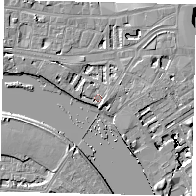 Shaded relief map of the ground around W69DF, computed from Environment Agency LiDAR. The ground here sits at about 5 m above sea level and falls 16 m across the surrounding 800 m. Surface water reaching this point runs off ground lying to the north, 2.1 m higher.