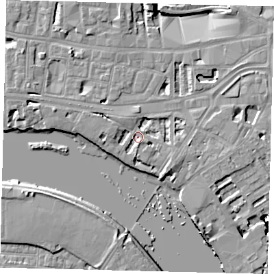 Shaded relief map of the ground around W69DG, computed from Environment Agency LiDAR. The ground here sits at about 5 m above sea level and falls 16 m across the surrounding 800 m. Surface water reaching this point runs off ground lying to the south, 3.6 m higher.
