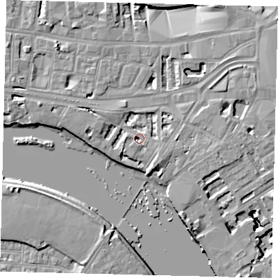 Shaded relief map of the ground around W69DH, computed from Environment Agency LiDAR. The ground here sits at about 4 m above sea level and falls 16 m across the surrounding 800 m. Surface water reaching this point runs off ground lying to the south-west, 3.6 m higher.