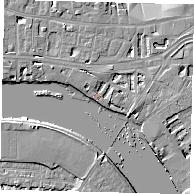 Shaded relief map of the ground around W69DJ, computed from Environment Agency LiDAR. The ground here sits at about 5 m above sea level and falls 7 m across the surrounding 800 m. Surface water reaching this point runs off ground lying to the north, 2.8 m higher.