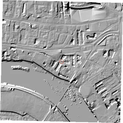 Shaded relief map of the ground around W69DQ, computed from Environment Agency LiDAR. The ground here sits at about 5 m above sea level and falls 16 m across the surrounding 800 m. Surface water reaching this point runs off ground lying to the north-west, 2.9 m higher.