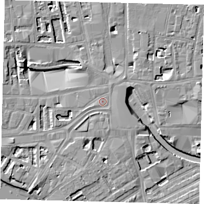 Shaded relief map of the ground around W69DT, computed from Environment Agency LiDAR. The ground here sits at about 5 m above sea level and falls 11 m across the surrounding 800 m. Surface water reaching this point runs off ground lying to the south-east, 4.1 m higher.
