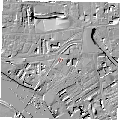 Shaded relief map of the ground around W69DU, computed from Environment Agency LiDAR. The ground here sits at about 5 m above sea level and falls 16 m across the surrounding 800 m. Surface water reaching this point runs off ground lying to the south-south-east, 1.1 m higher.