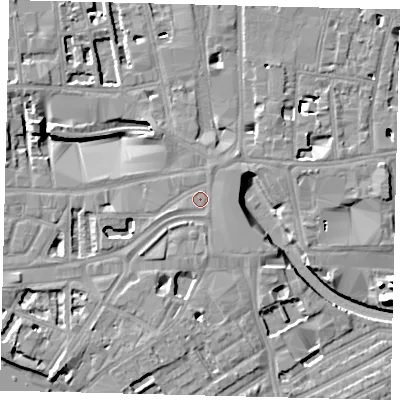 Shaded relief map of the ground around W69DX, computed from Environment Agency LiDAR. The ground here sits at about 5 m above sea level and falls 12 m across the surrounding 800 m. Surface water reaching this point runs off ground lying to the south-east, 1.6 m higher.