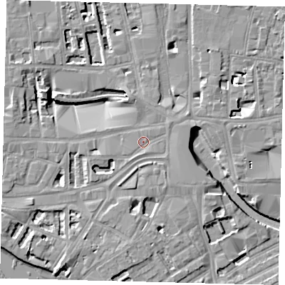 Shaded relief map of the ground around W69EU, computed from Environment Agency LiDAR. The ground here sits at about 5 m above sea level and falls 8 m across the surrounding 800 m. Surface water reaching this point runs off ground lying to the south-east, 4.1 m higher.