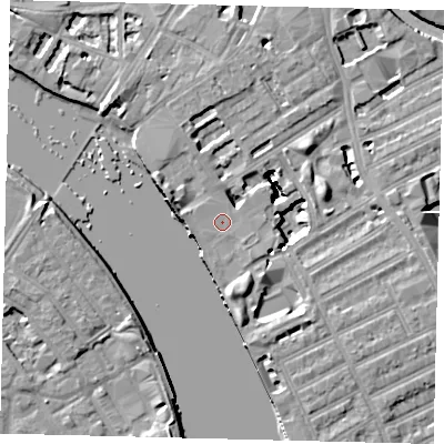 Shaded relief map of the ground around W69GD, computed from Environment Agency LiDAR. The ground here sits at about 5 m above sea level and falls 16 m across the surrounding 800 m. Surface water reaching this point runs off ground lying to the east-north-east, 16.0 m higher.