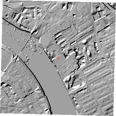 Shaded relief map of the ground around W69GX, computed from Environment Agency LiDAR. The ground here sits at about 5 m above sea level and falls 16 m across the surrounding 800 m. Surface water reaching this point runs off ground lying to the east-north-east, 3.3 m higher.