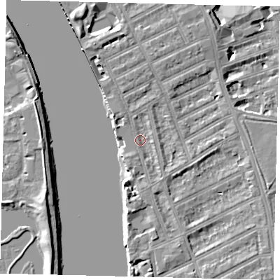 Shaded relief map of the ground around W69HA, computed from Environment Agency LiDAR. The ground here sits at about 5 m above sea level and falls 7 m across the surrounding 800 m. Surface water reaching this point runs off ground lying to the south-south-east, 1.7 m higher.