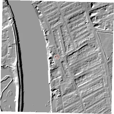Shaded relief map of the ground around W69HB, computed from Environment Agency LiDAR. The ground here sits at about 5 m above sea level and falls 7 m across the surrounding 800 m. Surface water reaching this point runs off ground lying to the south-south-west, 2.5 m higher.