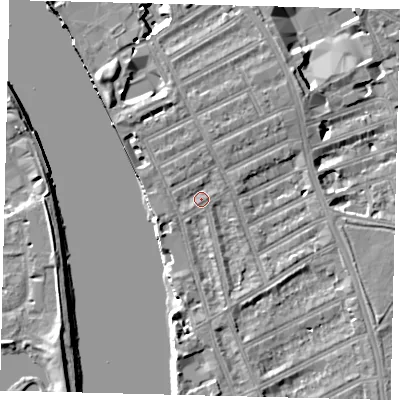 Shaded relief map of the ground around W69HF, computed from Environment Agency LiDAR. The ground here sits at about 5 m above sea level and falls 8 m across the surrounding 800 m. Surface water reaching this point runs off ground lying to the north-north-west, 2.8 m higher.