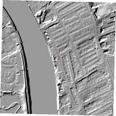 Shaded relief map of the ground around W69HJ, computed from Environment Agency LiDAR. The ground here sits at about 5 m above sea level and falls 7 m across the surrounding 800 m. Surface water reaching this point runs off ground lying to the north, 2.8 m higher.