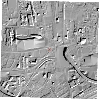 Shaded relief map of the ground around W69HR, computed from Environment Agency LiDAR. The ground here sits at about 5 m above sea level and falls 8 m across the surrounding 800 m. Surface water reaching this point runs off ground lying to the south-east, 4.1 m higher.