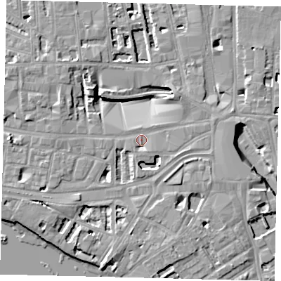 Shaded relief map of the ground around W69HW, computed from Environment Agency LiDAR. The ground here sits at about 5 m above sea level and falls 8 m across the surrounding 800 m. Surface water reaching this point runs off ground lying to the east-south-east, 4.1 m higher.