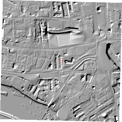 Shaded relief map of the ground around W69HX, computed from Environment Agency LiDAR. The ground here sits at about 4 m above sea level and falls 8 m across the surrounding 800 m. Surface water reaching this point runs off ground lying to the south-south-west, 3.9 m higher.