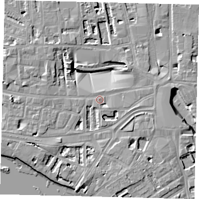 Shaded relief map of the ground around W69HY, computed from Environment Agency LiDAR. The ground here sits at about 5 m above sea level and falls 8 m across the surrounding 800 m. Surface water reaching this point runs off ground lying to the east-south-east, 4.1 m higher.