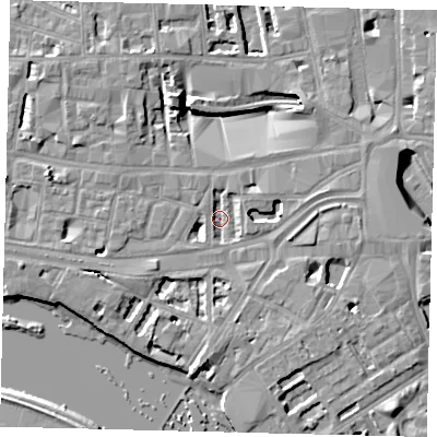 Shaded relief map of the ground around W69JA, computed from Environment Agency LiDAR. The ground here sits at about 4 m above sea level and falls 10 m across the surrounding 800 m. Surface water reaching this point runs off ground lying to the south, 3.9 m higher.
