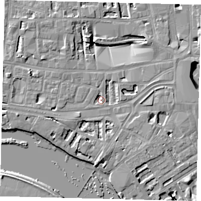 Shaded relief map of the ground around W69JB, computed from Environment Agency LiDAR. The ground here sits at about 4 m above sea level and falls 16 m across the surrounding 800 m. Surface water reaching this point runs off ground lying to the south, 3.9 m higher.