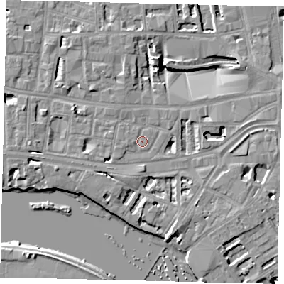 Shaded relief map of the ground around W69JD, computed from Environment Agency LiDAR. The ground here sits at about 5 m above sea level and falls 11 m across the surrounding 800 m. Surface water reaching this point runs off ground lying to the west-south-west, 3.4 m higher.