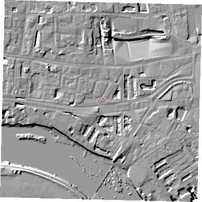 Shaded relief map of the ground around W69JE, computed from Environment Agency LiDAR. The ground here sits at about 5 m above sea level and falls 16 m across the surrounding 800 m. Surface water reaching this point runs off ground lying to the east, 2.9 m higher.