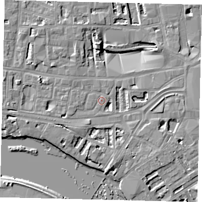 Shaded relief map of the ground around W69JF, computed from Environment Agency LiDAR. The ground here sits at about 5 m above sea level and falls 11 m across the surrounding 800 m. Surface water reaching this point runs off ground lying to the south-south-east, 2.9 m higher.