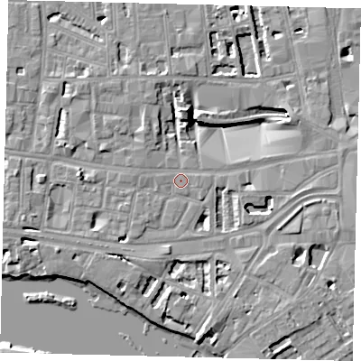 Shaded relief map of the ground around W69JG, computed from Environment Agency LiDAR. The ground here sits at about 5 m above sea level and falls 8 m across the surrounding 800 m. Surface water reaching this point runs off ground lying to the south-west, 1.0 m higher.