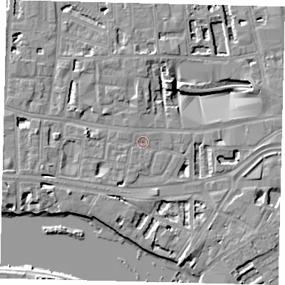 Shaded relief map of the ground around W69JH, computed from Environment Agency LiDAR. The ground here sits at about 5 m above sea level and falls 8 m across the surrounding 800 m. Surface water reaching this point runs off ground lying to the south-south-west, 1.0 m higher.