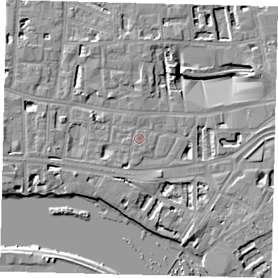 Shaded relief map of the ground around W69JJ, computed from Environment Agency LiDAR. The ground here sits at about 5 m above sea level and falls 8 m across the surrounding 800 m. Surface water reaching this point runs off ground lying to the south-south-west, 0.5 m higher.
