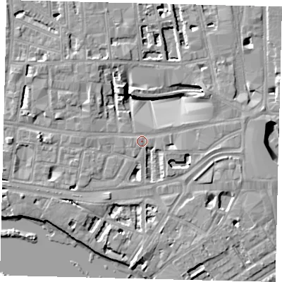 Shaded relief map of the ground around W69JN, computed from Environment Agency LiDAR. The ground here sits at about 5 m above sea level and falls 8 m across the surrounding 800 m. Surface water reaching this point runs off ground lying to the south, 4.7 m higher.