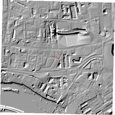 Shaded relief map of the ground around W69JP, computed from Environment Agency LiDAR. The ground here sits at about 5 m above sea level and falls 8 m across the surrounding 800 m. Surface water reaching this point runs off ground lying to the west-south-west, 3.4 m higher.