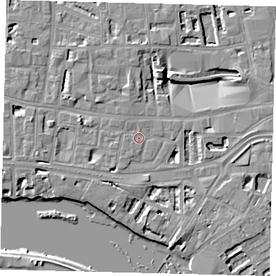 Shaded relief map of the ground around W69JQ, computed from Environment Agency LiDAR. The ground here sits at about 5 m above sea level and falls 8 m across the surrounding 800 m. Surface water reaching this point runs off ground lying to the south-south-west, 1.1 m higher.