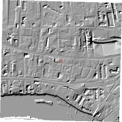 Shaded relief map of the ground around W69JR, computed from Environment Agency LiDAR. The ground here sits at about 5 m above sea level and falls 8 m across the surrounding 800 m. Surface water reaching this point runs off ground lying to the west-north-west, 1.1 m higher.