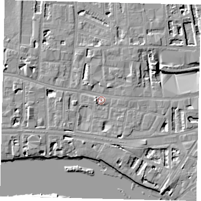 Shaded relief map of the ground around W69JT, computed from Environment Agency LiDAR. The ground here sits at about 5 m above sea level and falls 8 m across the surrounding 800 m. Surface water reaching this point runs off ground lying to the west, 2.6 m higher.