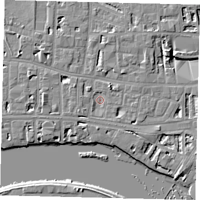 Shaded relief map of the ground around W69JU, computed from Environment Agency LiDAR. The ground here sits at about 4 m above sea level and falls 8 m across the surrounding 800 m. Surface water reaching this point runs off ground lying to the south, 4.5 m higher.